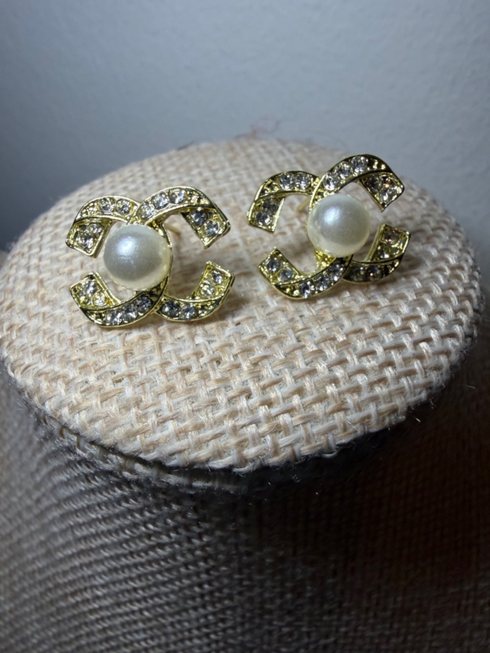 Gold Pearl and Crystal Logo-Style Stud Earrings